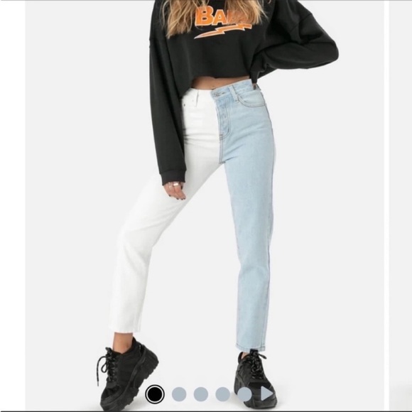 Stevens Color Block Jeans | MOM button fly  Raw Hem High Rise - Picture 13 of 14